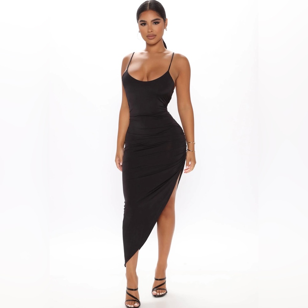 Fashion Nova black asymmetrical midi dress